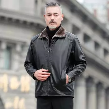 Осень и зима, новая меховая интегрированная мужская кожаная куртка в стиле ретро, кожаная куртка для папы, повседневная бархатная утолщенная куртка для мужчин XL коричневый