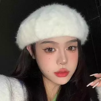 Осень и зима новая меховая шапка детская зимняя теплая берет женская маленькая шапка художника белый