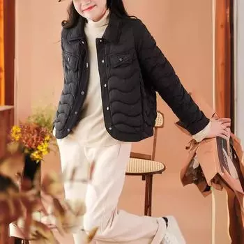 Осень и зима новая мода 90-х белый утиный пух волнистый короткий пуховик женский с лацканами легкая теплая куртка прилив S чёрный