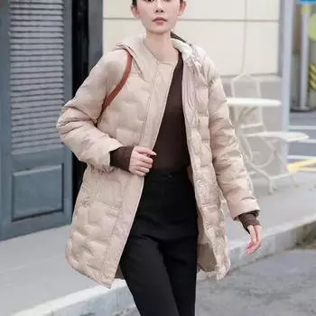 Осень и зима новая мода прессованный клеевой легкий пуховик женский средний и длинный тонкий белый утиный пух легкий пуховик прилив M чёрный