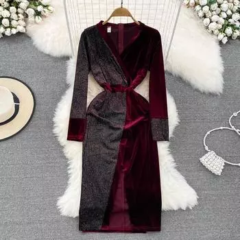 Осень и зима, новая мода, темпераментное платье с v-образным вырезом, горячая ромбовидная талия, нерегулярное золотое бархатное платье с разрезом, посылка, платье на бедрах