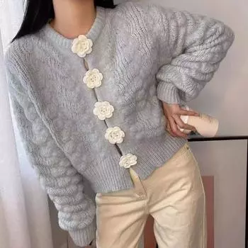 Осень и зима Новая мода Женский свитер Сладкие цветы Свитер с длинными рукавами Повседневный топ One Size синий