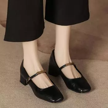 Осень и зима новая мягкая кожа Мэри Джейн женский толстый каблук квадратный носок легкий вырез одинарные туфли ретро слово с женской обувью долго носить 34 чёрный