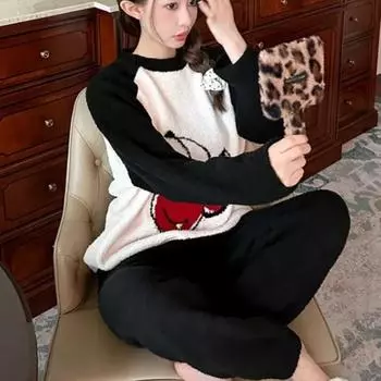 Осень и зима Новая мягкая пижама с принтом вишни женская с длинным рукавом утолщенная теплая верхняя одежда полубархатная домашняя одежда One Size