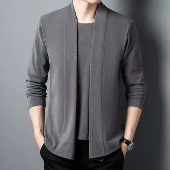 Осень и зима, новая мужская флисовая футболка с длинными рукавами для молодежи и среднего возраста, поддельные два кардигана, топ для мужчин M