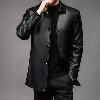 Осень и зима Новая мужская флисовая кожаная куртка с лацканами Кожаная куртка для пап среднего и пожилого возраста Свободная повседневная кожаная куртка 170 чёрный