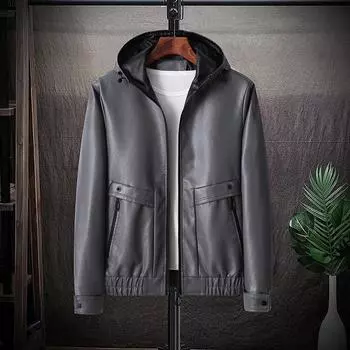 Осень и зима Новая мужская кожаная куртка Модная куртка из искусственной кожи с капюшоном Пальто Простой однотонный синий цвет Мужская одежда M