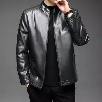 Осень и зима Новая мужская кожаная куртка Кожаная куртка Деловая повседневная с воротником-стойкой Флисовая утолщенная ветрозащитная молодежная кожаная куртка 170