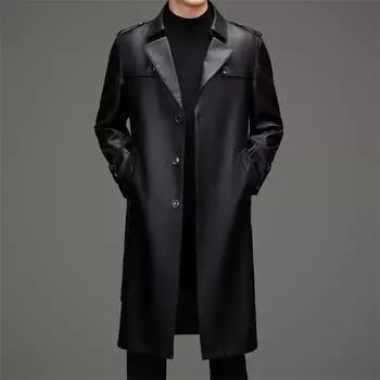 Осень и зима Новая мужская кожаная куртка корейской версии, облегающая, длиной до колена, двубортная, с воротником из костюмной ткани, кожаное пальто, тренчкот, мужское пальто 200 чёрный
