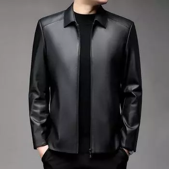 Осень и зима новая мужская кожаная куртка среднего размера для папы, деловая повседневная простая короткая кожаная куртка с лацканами 170