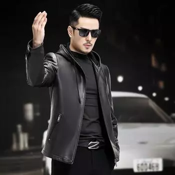 Осень и зима, новая мужская куртка из натуральной кожи, мужская куртка из овчины с капюшоном, деловая повседневная мужская куртка с тисненой технологией L