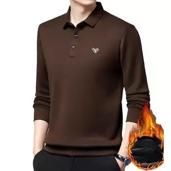 Осень и зима, новая мужская повседневная футболка с длинными рукавами, свободный топ с лацканами среднего возраста, бархатная утолщенная рубашка-поло M