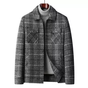 Осень и зима, новая мужская шерстяная куртка, клетчатая куртка, свободная повседневная короткая шерстяная куртка для молодежи и мужчин среднего возраста 170 серый