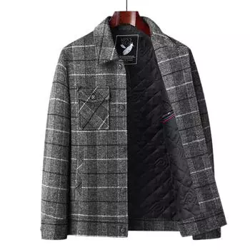 Осень и зима, новая мужская шерстяная куртка, клетчатая куртка, свободная повседневная короткая шерстяная куртка для молодежи и мужчин среднего возраста 170 серый
