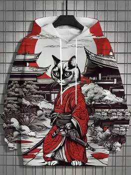 Осень и зима Новая мужская толстовка с капюшоном с 3D принтом во весь рост и принтом японского самурая и котенка унисекс повседневная модная мужская толстовка с капюшоном L