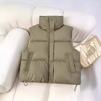 Осень и зима новая одежда из овчины и хлопка жилет женский воротник-стойка кардиган на молнии свободный женский жилет M зелёный