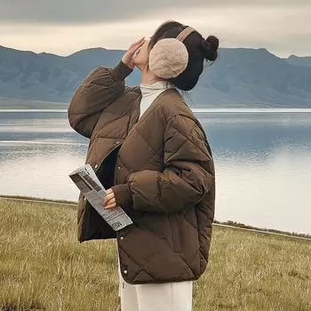 Осень и зима, новая одежда на пуху с хлопковой подкладкой, женская короткая легкая куртка без воротника с японским узором в ромбовидную клетку с хлопковой подкладкой, повседневная модная куртка S