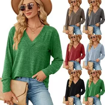 Осень и зима, новая однотонная свободная футболка с v-образным вырезом и длинными рукавами, верхняя женская одежда S чёрный