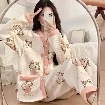 Осень и зима Новая пижама для беременных Домашняя одежда Костюм Утолщенный послеродовой воздушный хлопок Ежемесячная одежда Одежда для кормящих мам Пижама XL
