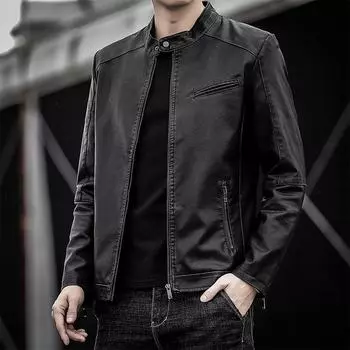 Осень и зима новая повседневная мужская кожаная куртка корейский стиль тонкий тренд красивая зеленая куртка из искусственной кожи мужская одежда M