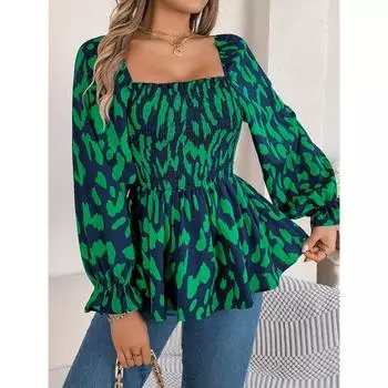 Осень и зима Новая повседневная рубашка из шифона с квадратным воротником и леопардовым принтом для женщин S зелёный