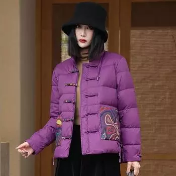 Осень и зима, новая пряжка, этнический стиль, принт, китайский стиль, короткая пуховая куртка, женская теплая белая утиная пуховая куртка Tide M