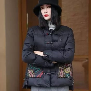 Осень и зима, новая пряжка в этническом стиле с принтом в китайском стиле, короткая пуховая куртка женская теплая белая куртка на утином пуху прилив M чёрный