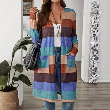 Осень и зима Новая Радужная Полосатая Ретро Свободная Модная Лоскутная Длинная Ветровка S