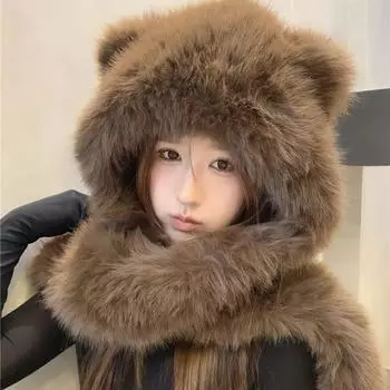 Осень и зима Новая шапка-медведь Зимний пушистый шарф Морозостойкая теплая шапка Lei Feng Шарф Перчатки женские one size кофейный