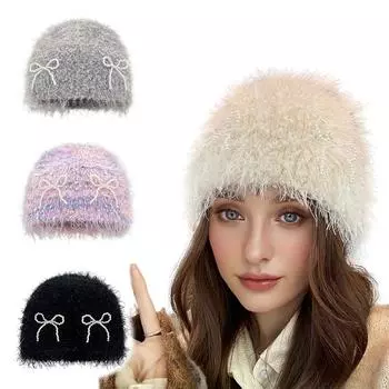 Осень и зима, новая шапка с рукавами, женская плюшевая жемчужная вязаная шапка с бантом, мягкая липкая вязаная шапка