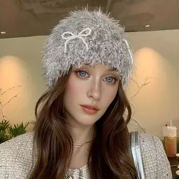 Осень и зима, новая шапка с рукавами, женская плюшевая жемчужная вязаная шапка с бантом, мягкая липкая вязаная шапка