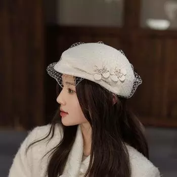 Осень и зима новая шерстяная шапка плиссированная сетчатая шляпа-цилиндр знаменитости отделка жемчужный цветок шляпа стюардессы женская от кутюр Average size (53-58cm) чёрный