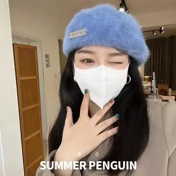 Осень и зима новая шляпа вперед Ангола длинная кроличья шерсть металлический стандартный берет тренд простая повседневная шляпа дети M56-58cm чёрный