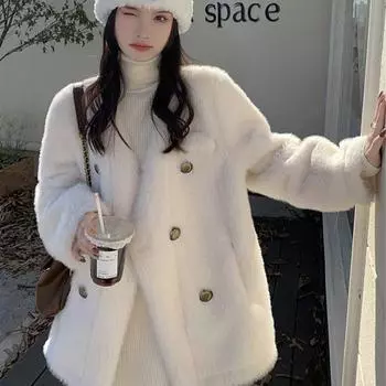 Осень и зима, новая шуба из искусственной норки, женская шуба из меха средней и длинной длины, высококачественная свободная норковая шуба S [within 52.5kg] белый
