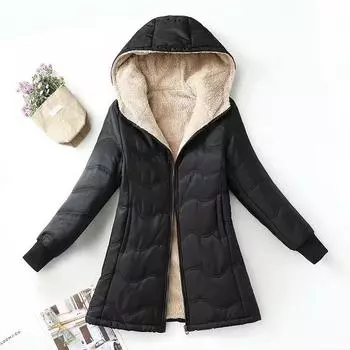 Осень и зима, новая свободная теплая одежда с капюшоном, средней и длинной длины, из бархата, с хлопковой подкладкой, куртка с хлопковой подкладкой из искусственной овечьей шерсти, женское пальто S чёрный