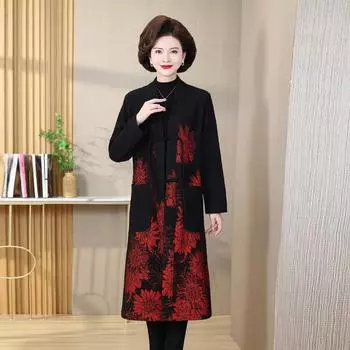 Осень и зима, новая свободная ветровка с капюшоном, пальто средней длины, плюшевое утепленное пальто для мамы в этническом стиле, женское 5XL