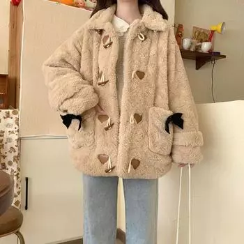 Осень и зима новая теплая и свободная куртка из плюша с бантом и роговой пряжкой из плюша милая хлопковая одежда S