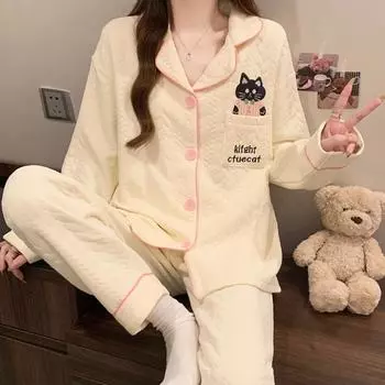 Осень и зима новая теплая пижама домашняя одежда костюм для студентов воздушный хлопок утолщенный сэндвич кардиган для девочек пижама домашняя одежда L
