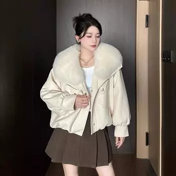 Осень и зима новая тонкая искусственная шуба женская искусственная лисья меховая воротник модная локомотив кожаная куртка утолщенное пальто Average size 90-65kg