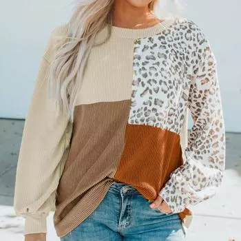 Осень и зима, новая трикотажная повседневная рубашка с леопардовым принтом, женские топы с длинным рукавом, винтажная свободная блузка для женщин, модные элегантные женские блузки 25786 S абрикосовый