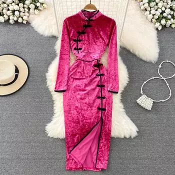 Осень и зима, новая улучшенная версия Cheongsam в стиле ретро, тонкое золотистое бархатное платье с разрезом и сумкой на бедрах