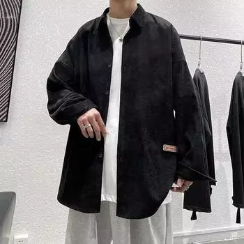 Осень и зима Новая вельветовая рубашка мужская японская ретро простая художественная свободная модная брендовая повседневная рубашка с длинным рукавом пальто M чёрный