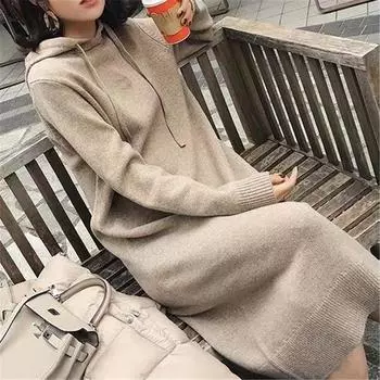 Осень и зима новая верхняя одежда свитер свободное платье до колена среднее и длинное трикотажное платье с капюшоном женское One Size