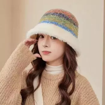 Осень и зима, новая вязаная полосатая шапка рыбака, детская утолщенная плюшевая теплая защитная шапка-ведро, универсальная, показывающая маленькое лицо M (56-58cm) rainbow gradual change plush basin cap