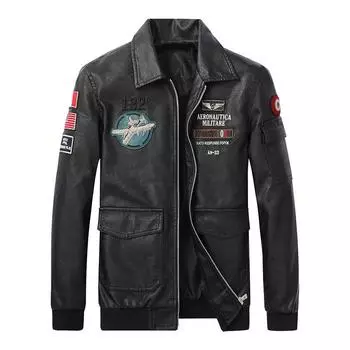 Осень и зима, новая вышитая кожаная куртка, мужская, в корейском стиле, тонкая и модная, молодежная, красивая куртка с лацканами для мужчин M чёрный