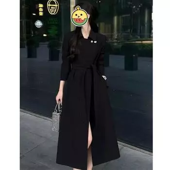 Осень и зима Новая высококачественная тонкая однотонная шерстяная куртка в стиле Хепберн с поясом S чёрный