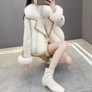 Осень и зима новая замшевая шуба из искусственного меха лисы женская мода меховая интегрированная шуба женская одежда M size, recommended 100-57.5 kg белый