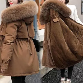 Осень и зима Новая женская хлопковая одежда Модная плюшевая утолщенная парка средней длины с капюшоном Пальто Повседневная женская куртка размера плюс XS-3XL 3XL белый