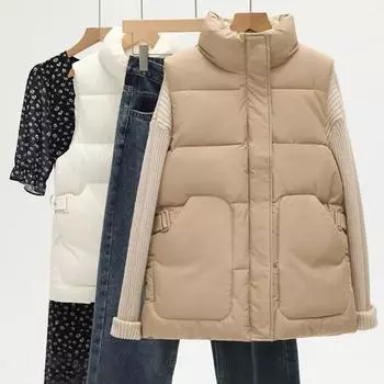 Осень и зима Новая женская мода однотонный пояс модный хлопковый жилет модный воротник-стойка Bread пальто пальто M белый