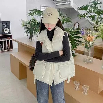 Осень и зима новая женская мода пуховик с капюшоном жилет куртка свободный жилет M чёрный